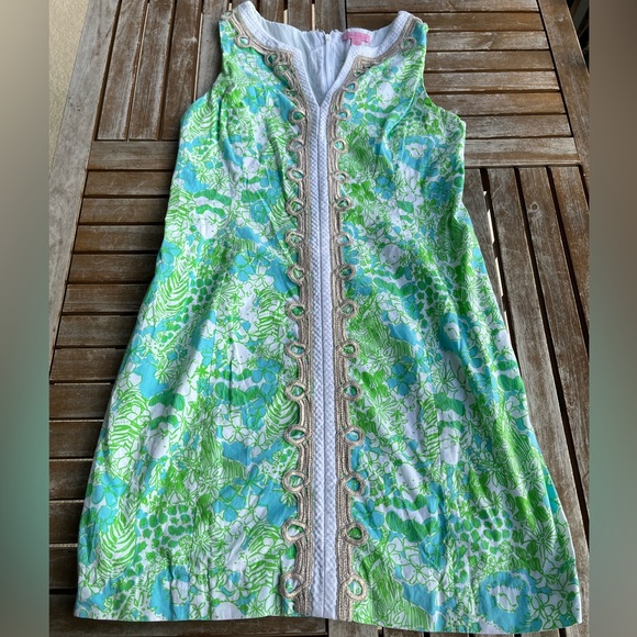 Lilly Pulitzer Janice Its A Zoo Limeade Dress Sz 8 Gold Embroidery Panda Lion - Picture 10 of 10